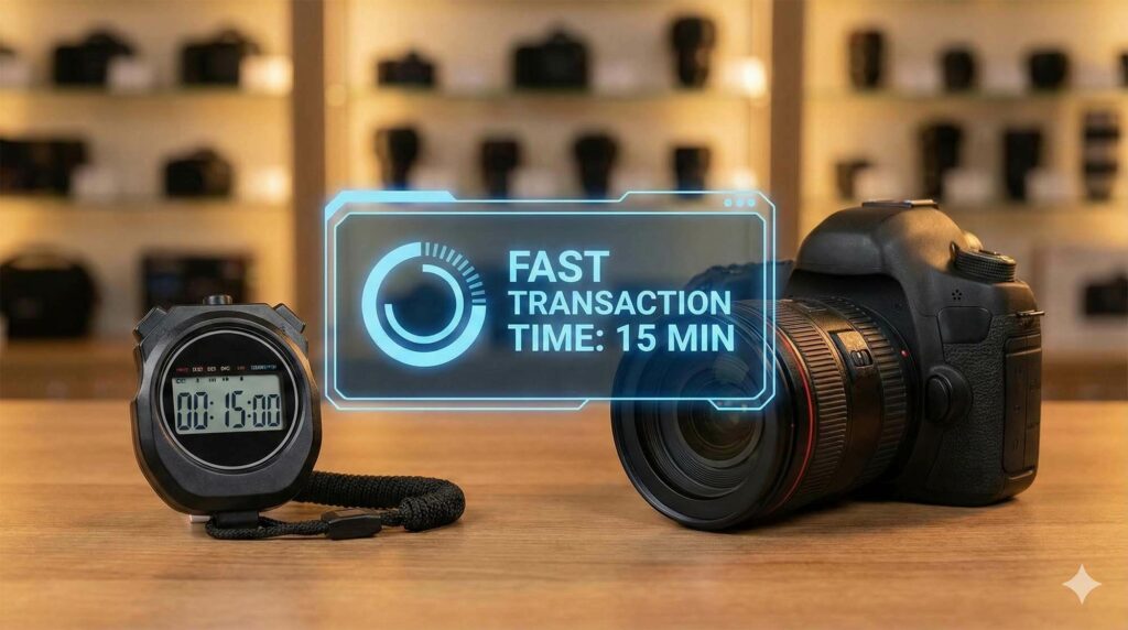 桌面上放著一台相機與一個正在計時的碼表，強調交易時間快速，數位圖形顯示「15 min」，象徵效率 / a stopwatch next to a camera on a table, emphasizing fast transaction time, "15 min" digital graphic overlay.